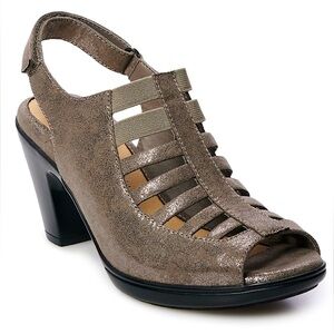 CROFT & BARROW PEWTER WOMEN’S SHAY ORTHOLITE CAGED CHUNKY STRAPPY HEELS SZ 8.5